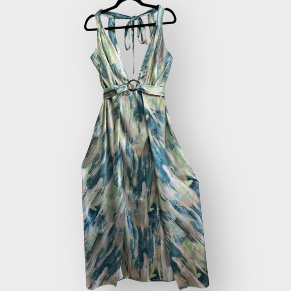Luxxel Abstract Print Satin Maxi Dress with Plunging V-Neck Sexy High Slits - Picture 1 of 11